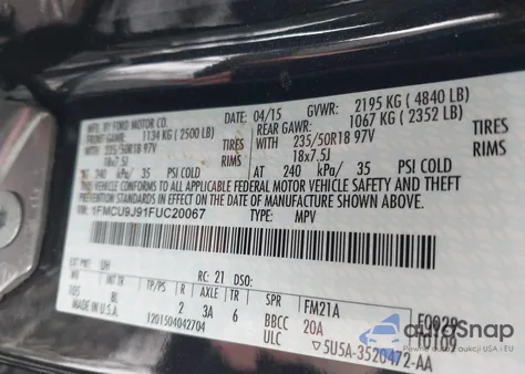 2015 Ford Escape Titanium z USA, uszkodzony, nr VIN 1FMCU9J91FUC20067